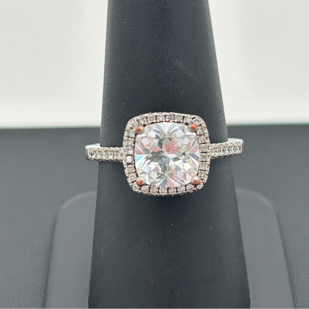Sterling Silver Cushion Cut Halo Crystal Ring